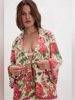 Free People wake up call Bali robe Cream Robe with Pink Floral Print